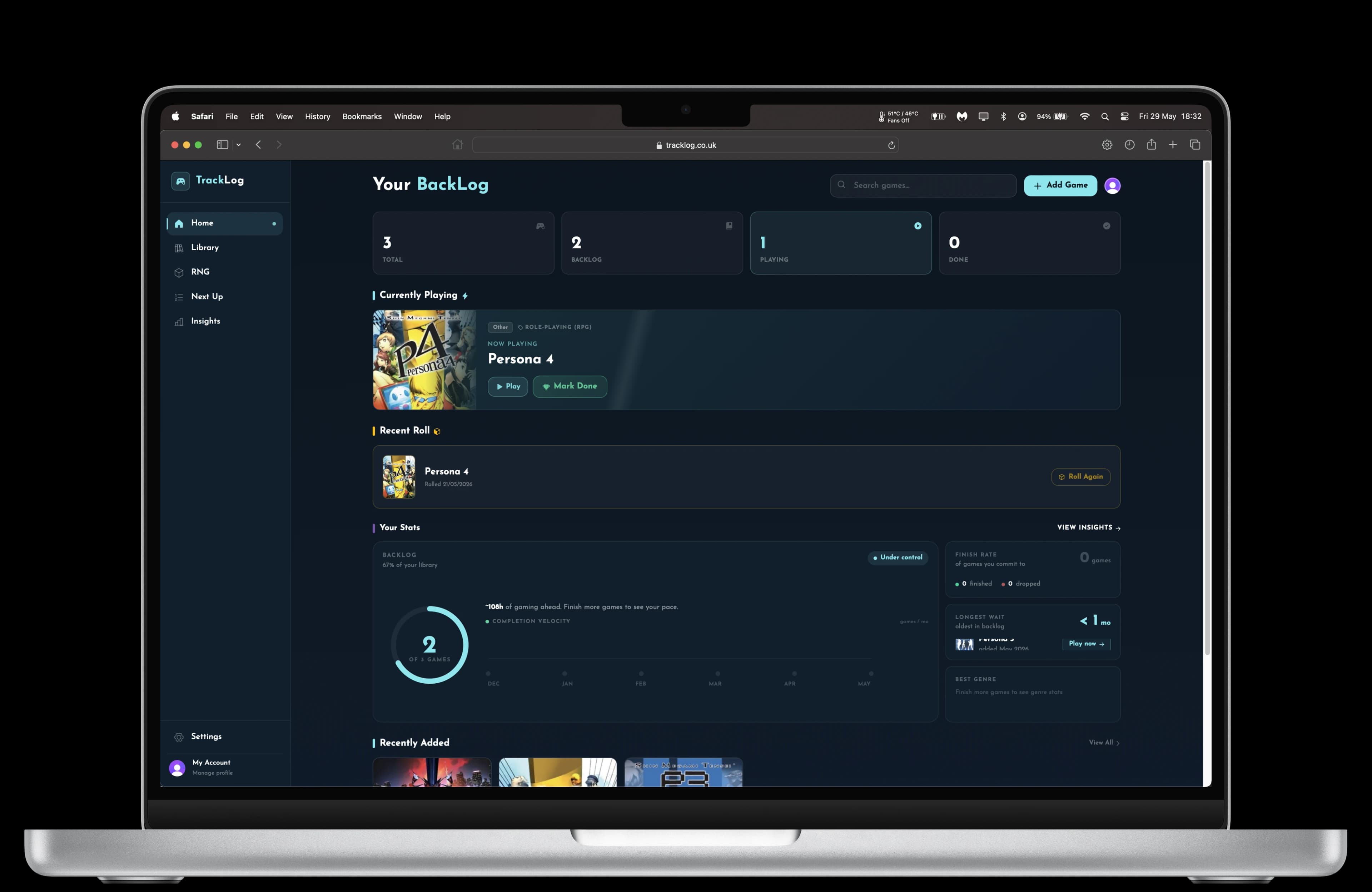 TrackLog dashboard on MacBook