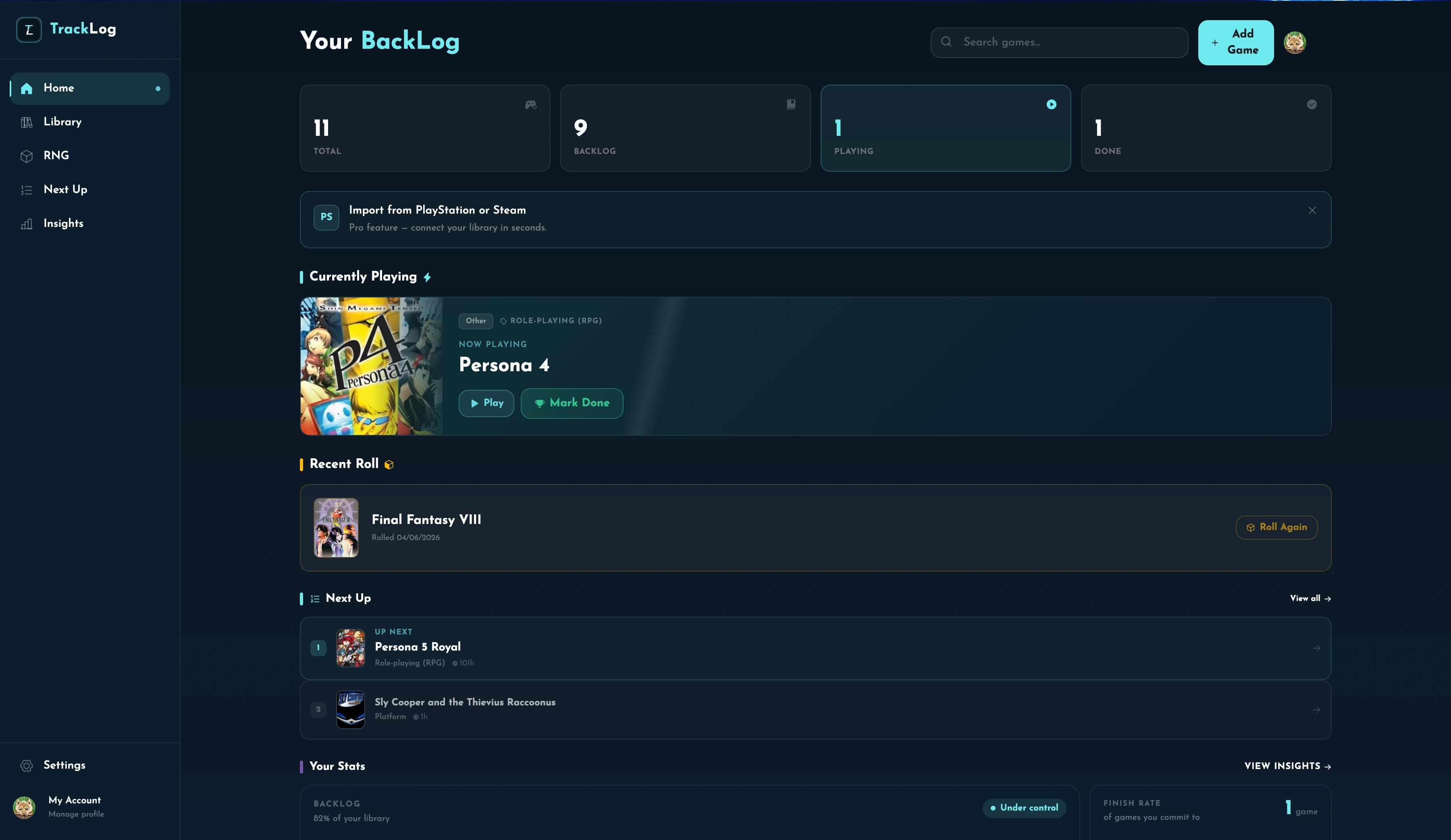 TrackLog dashboard